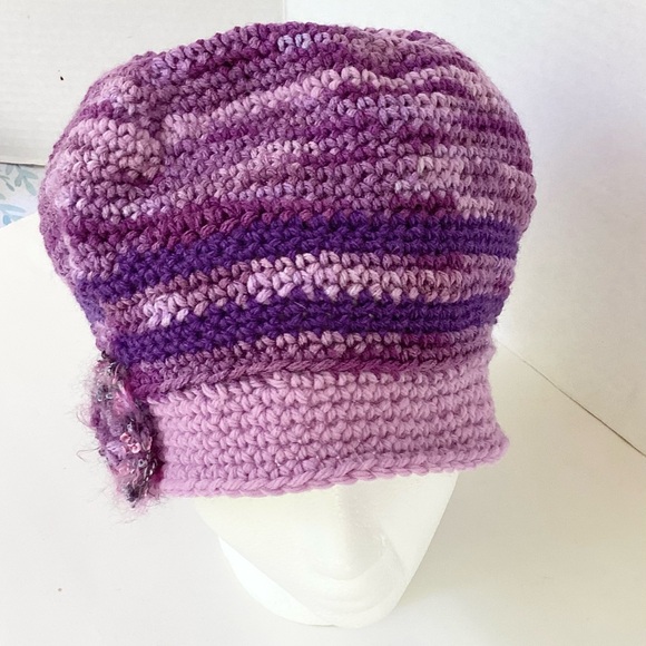 Hat Hand Crafted Purple BeanieStriped Varigated Floral Crochet - Picture 3 of 16